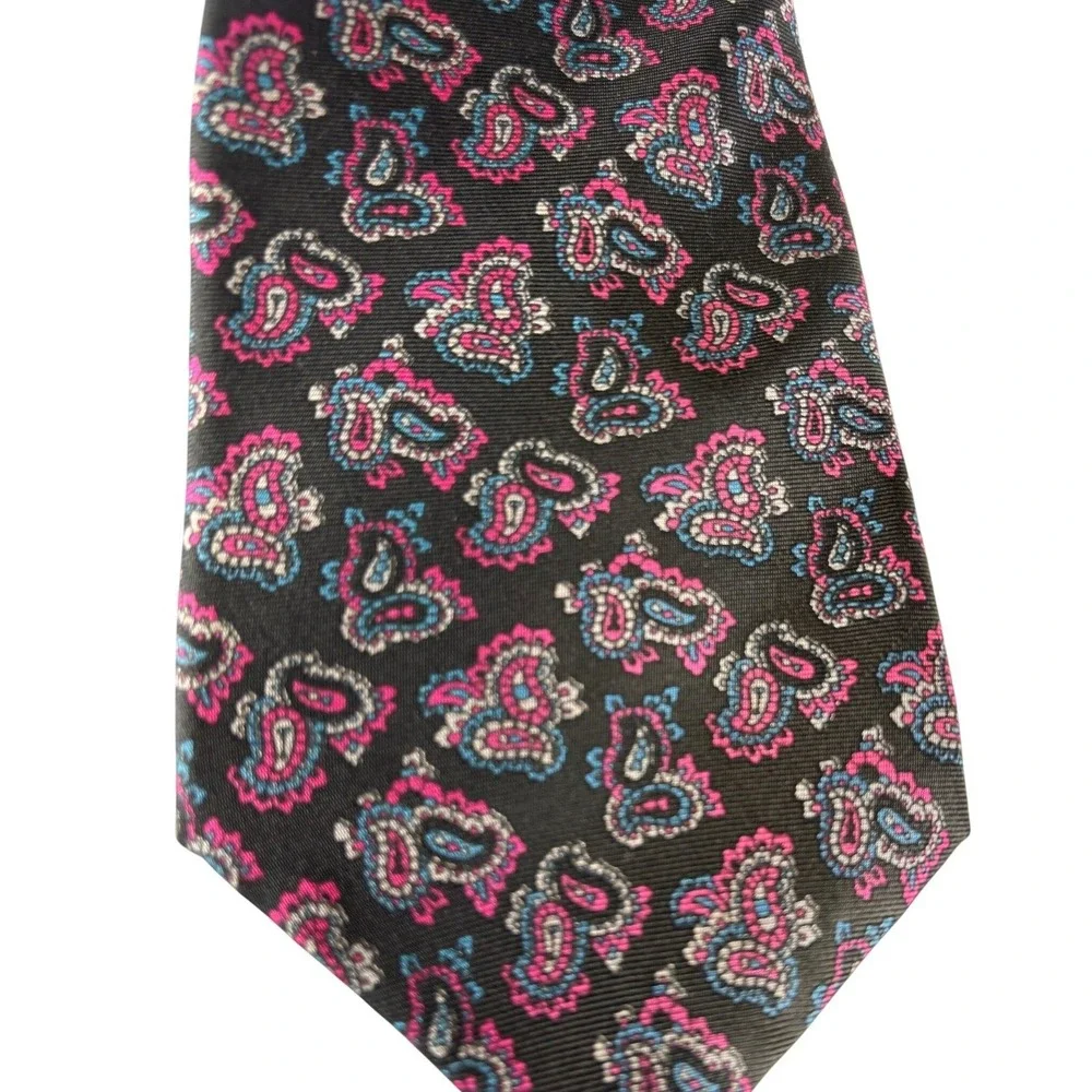 Oscar de la Renta Couture Mens Paisley Silk Tie Black Pink Blue Geometric Design